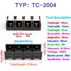 High Current Terminal Block TC-2004 200A 4P 600V Double Row Screw M8